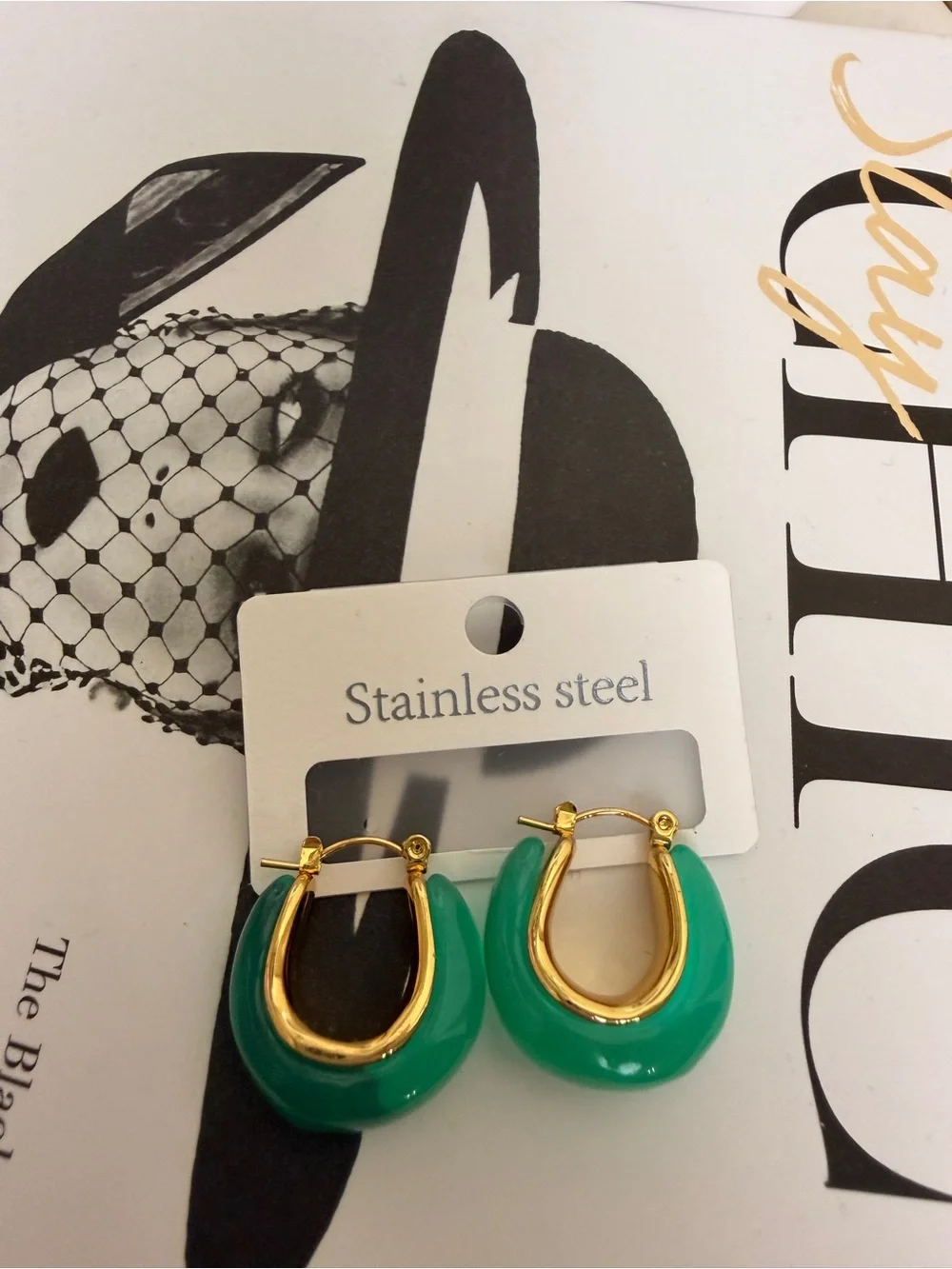 Stainless Steel Gold & Green Hoop Earrings